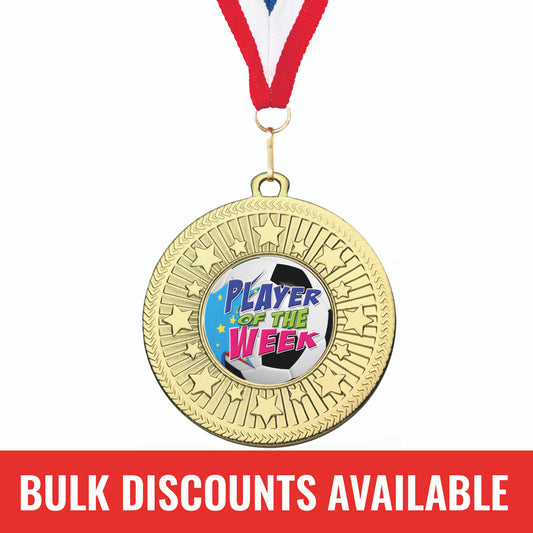Sticker Stocker - Football Award Medal Player of the Week with FREE Ribbon and Certificate 50mm Metal