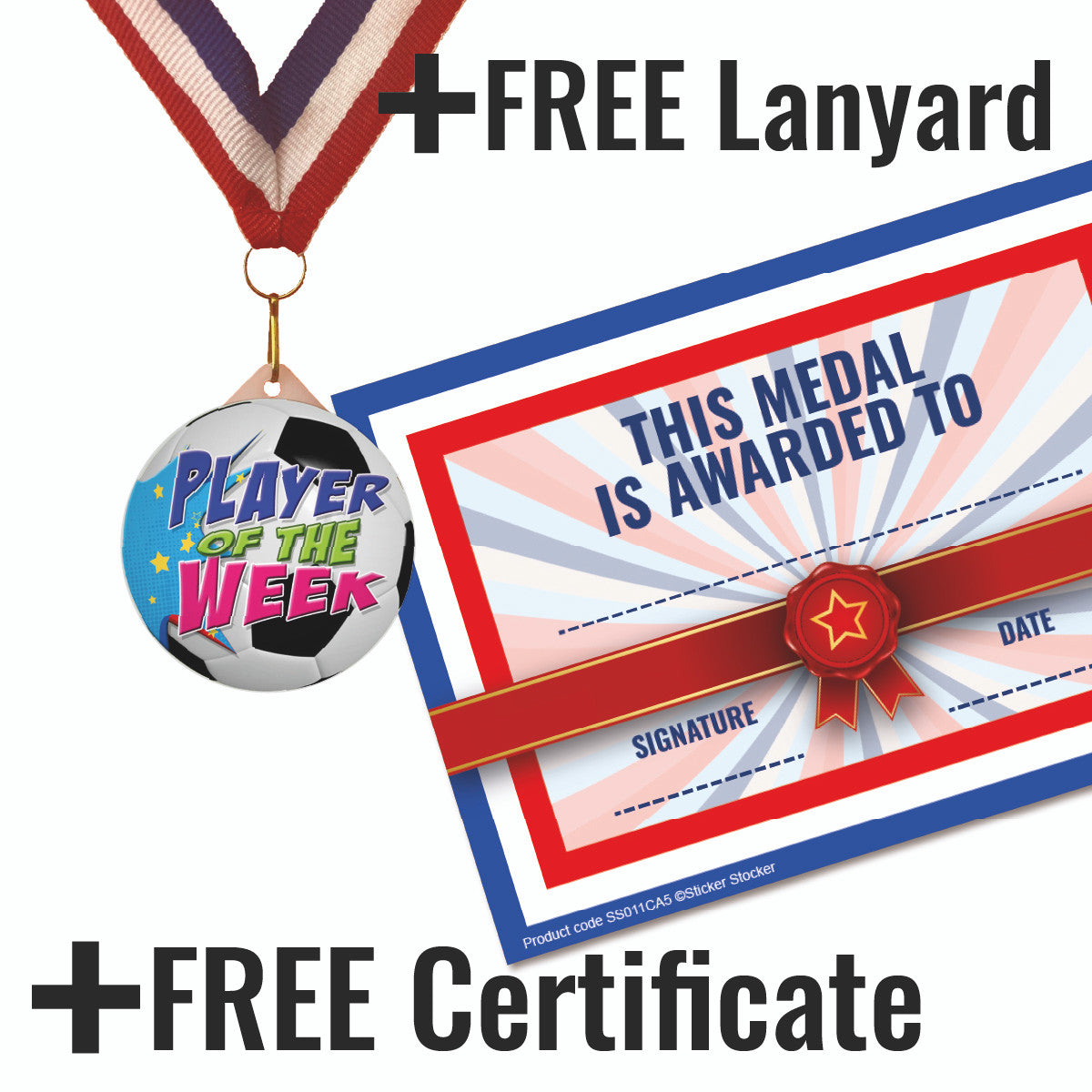 Sticker Stocker - Football Medal Player of the Week 55mm Large Plastic Medal FREE Ribbon and Certificate