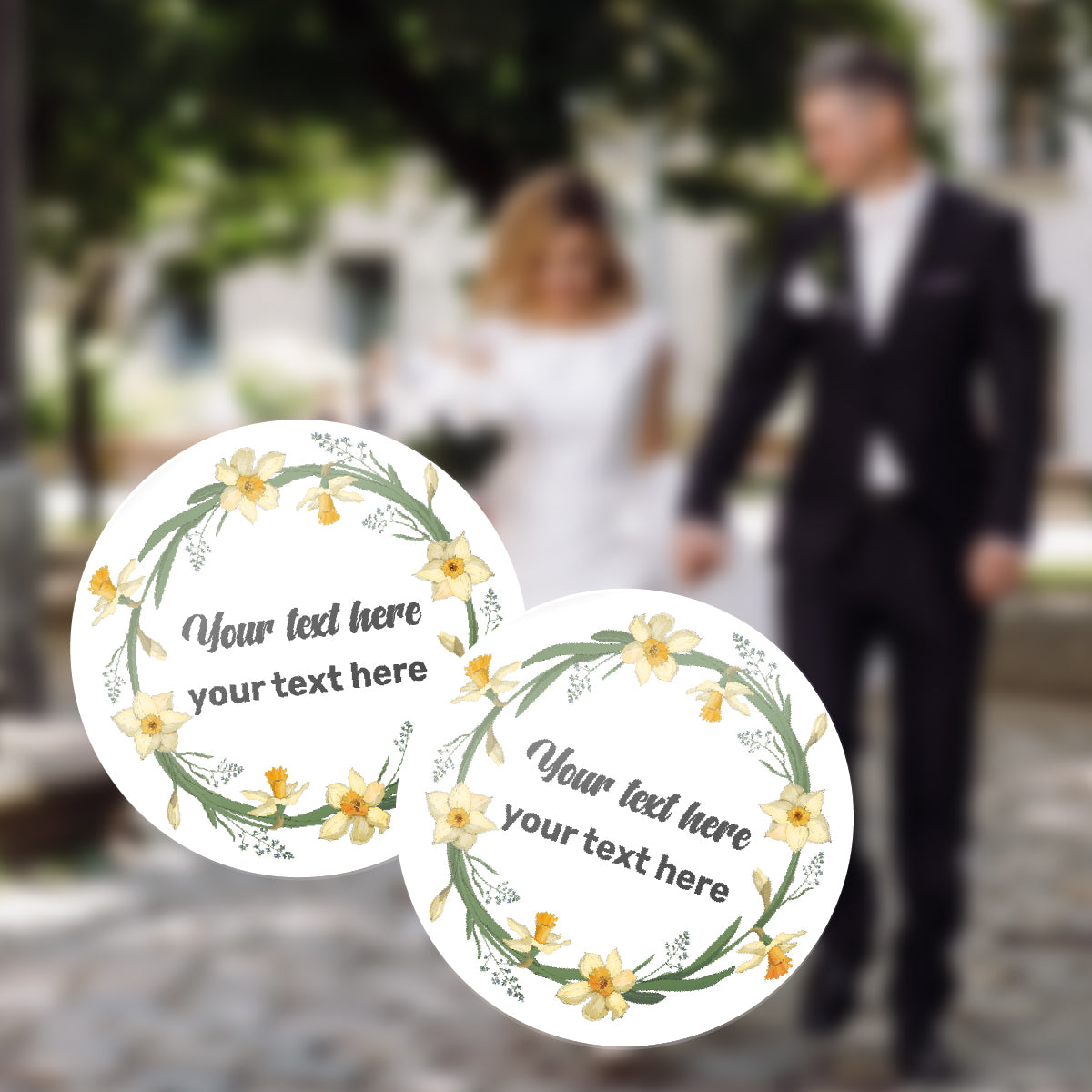 144 Daffodil Wreath Personalised 30mm Floral Stickers Events, Weddings, Crafts, Engagement