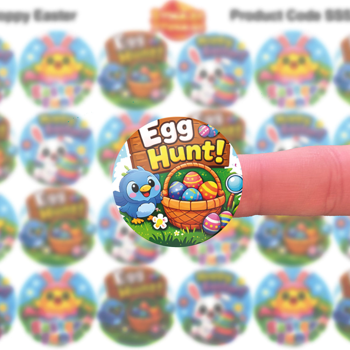 Easter egg hunt reward sticker featuring cartoon bird, eggs, and basket on fingertip