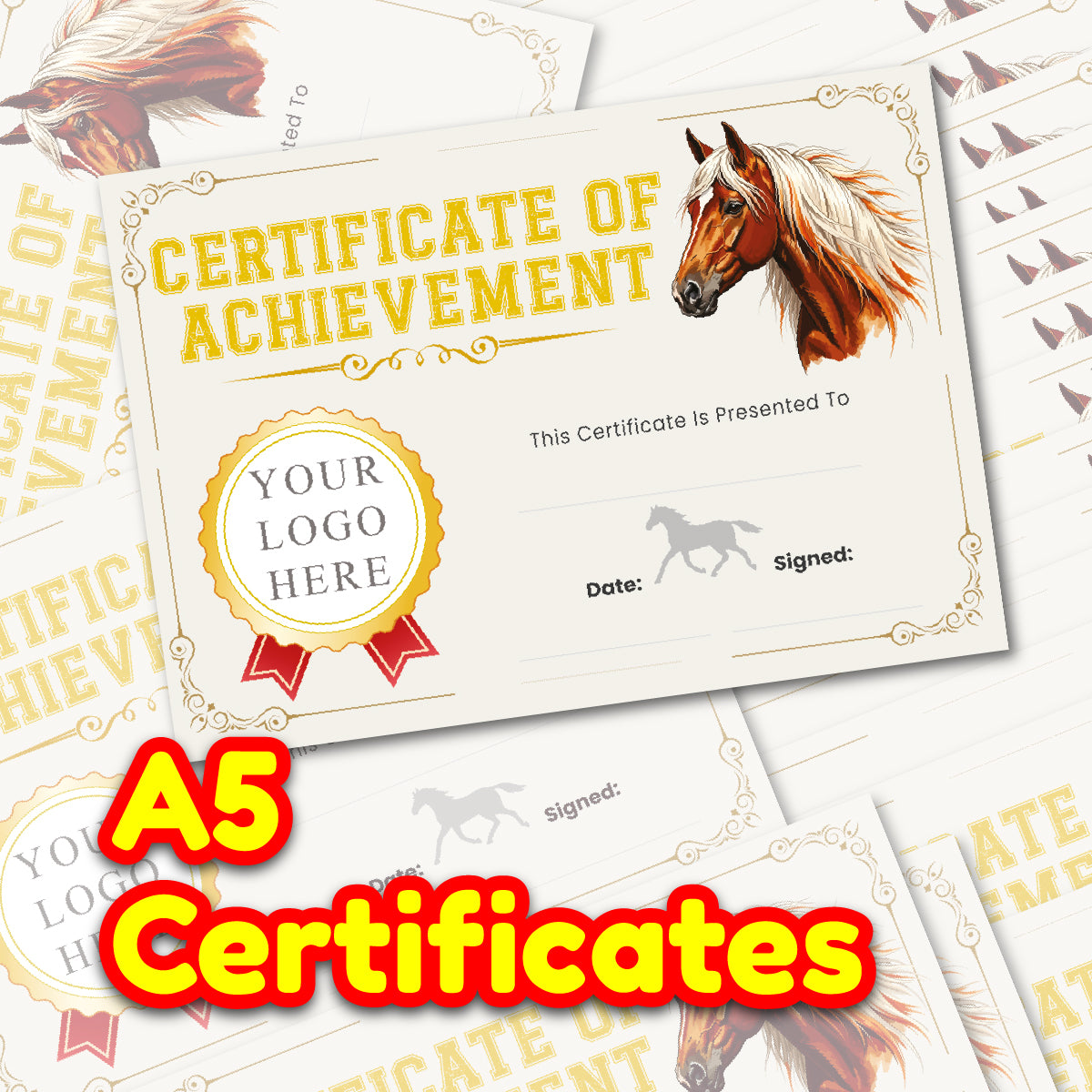 A5 certificate of achievement featuring a horse illustration and customizable logo area