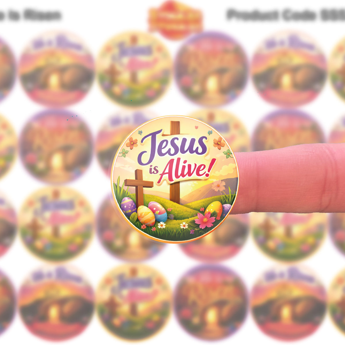 Easter reward sticker with 'Jesus is Alive' text, crosses, eggs, and flowers on a finger