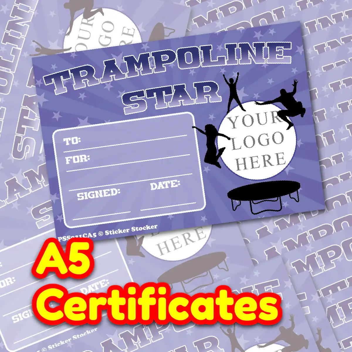 A5 Trampoline Star certificates with trampolining silhouettes and customizable logo area.