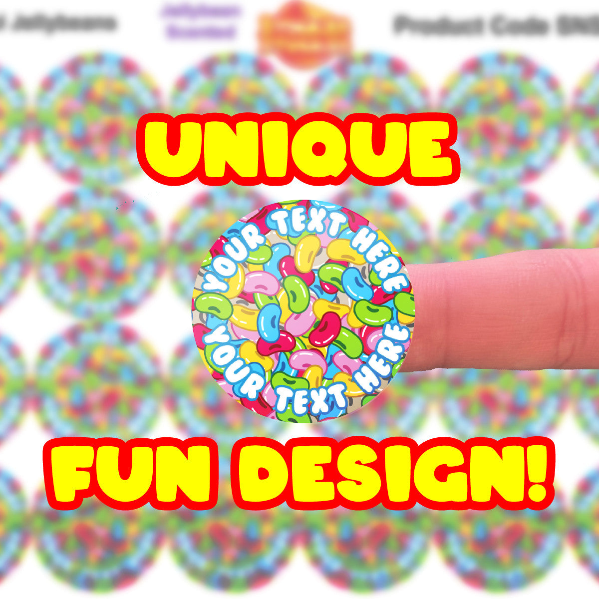 120 Colourful Jellybeans Scented Personalised Stickers - 30 mm - School Teachers Parents
