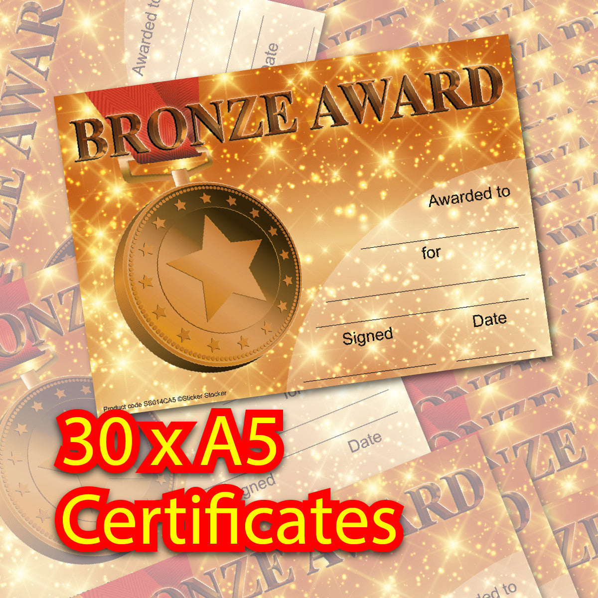 Sticker Stocker 30 Bronze Award Certificates for school teachers, 250gsm A5 silk finish card