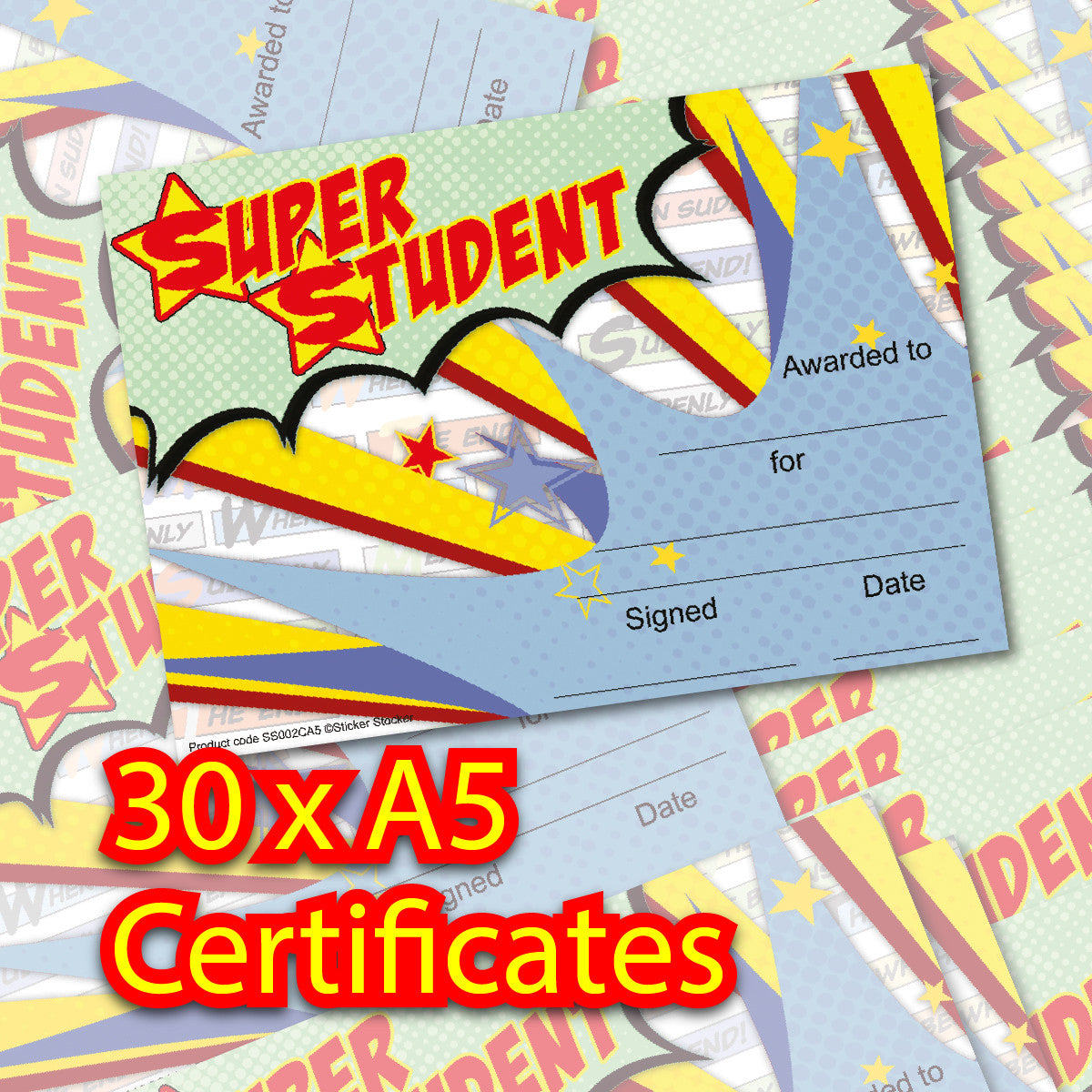 Sticker Stocker 30 Super Student Superhero themed award certificates for school teachers, 250gsm A5 silk finish card