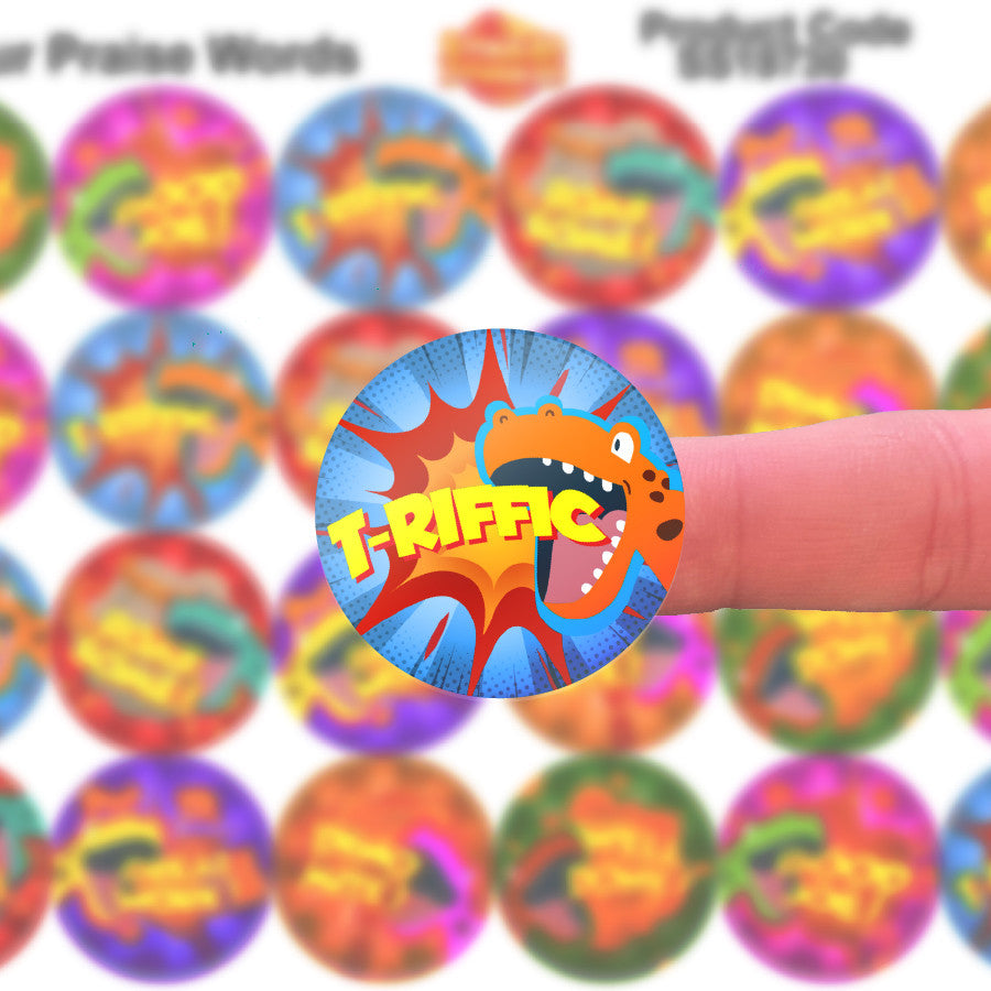 Sticker Stocker 144 Dinosaur Praise Words 30 mm Reward Stickers for Teachers, Parents and Party Bags