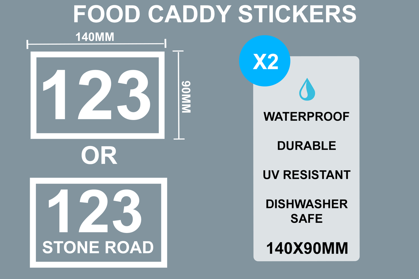 2 x Food Waste Caddy Bin Number Stickers (140mm x 90mm) – Waterproof, UV Resistant, Dishwasher Safe – Custom House Number or Street Name