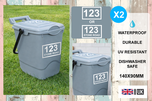 2 x Food Waste Caddy Bin Number Stickers (140mm x 90mm) – Waterproof, UV Resistant, Dishwasher Safe – Custom House Number or Street Name