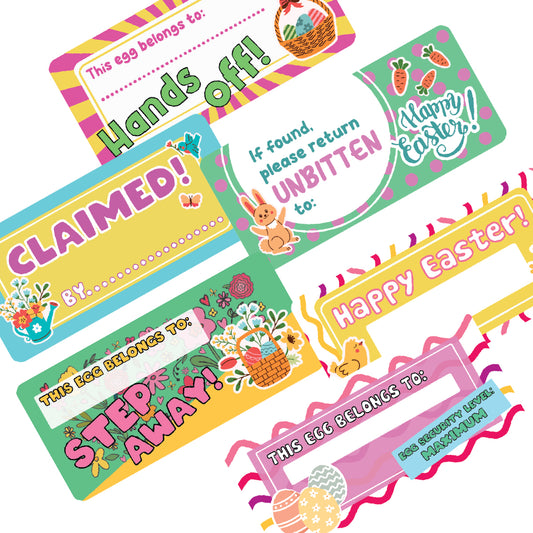 72 Easter Egg Labels, Easter Egg Hunt, Spring Themed Stickers 60mm x 28mm