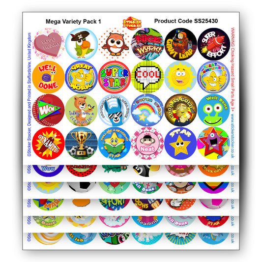 Sticker Stocker - 144 Mega Variety Pack 1 30mm Stickers Glossy Reward Stickers for School Teachers, Parents and Nursery