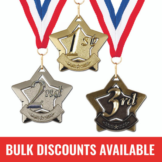 Sticker Stocker - Sports Star Place Medal with FREE Ribbon and Certificate 60mm Metal Gold 1st, silver 2nd or bronze 3rd