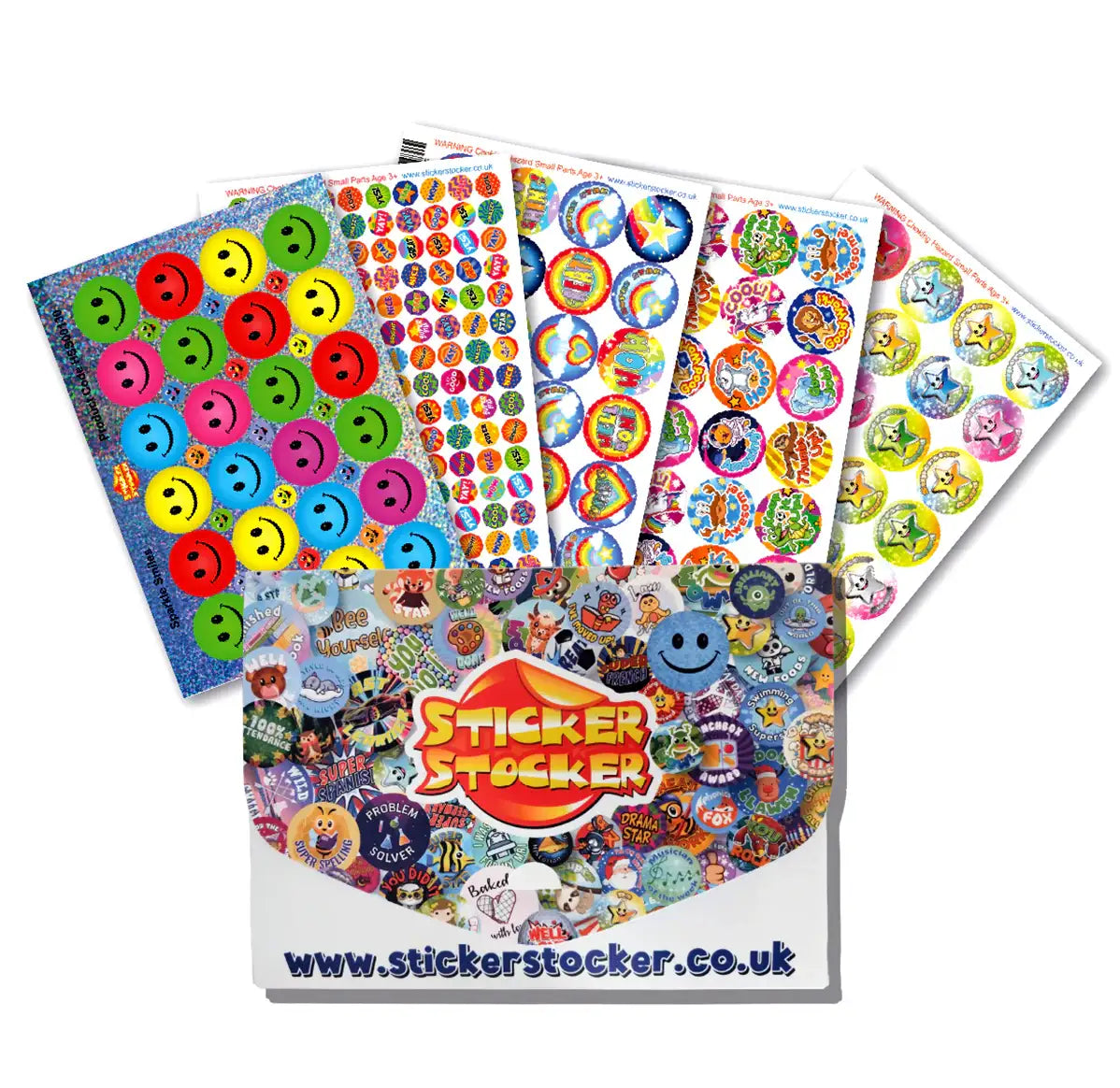 Assorted colorful reward sticker sheets with smiley faces and fun shapes for classroom use
