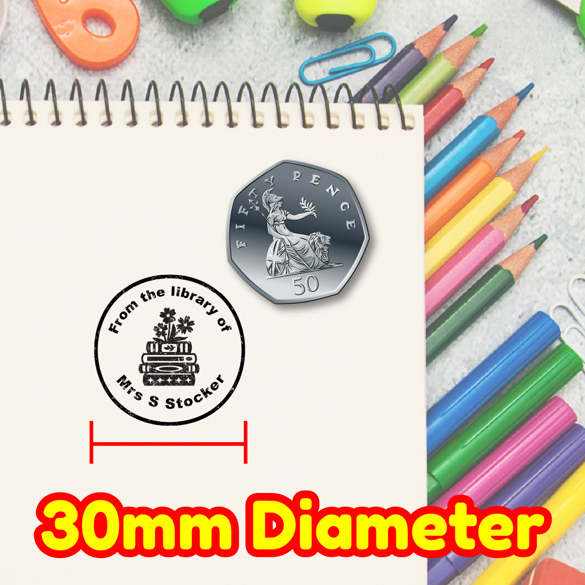 Personalised Stamp Library Book Stack 30 mm Self inking stamper for School Teachers, Parents and Nursery