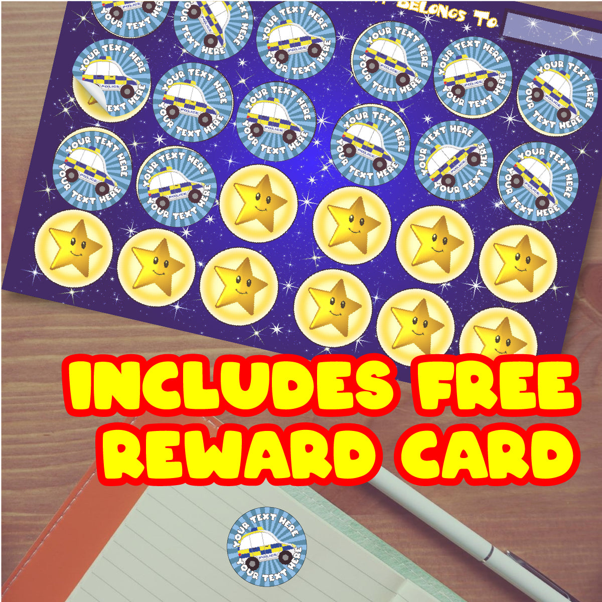 144 Personalised Police Car 30mm Reward Stickers for Children, Parents and Schools
