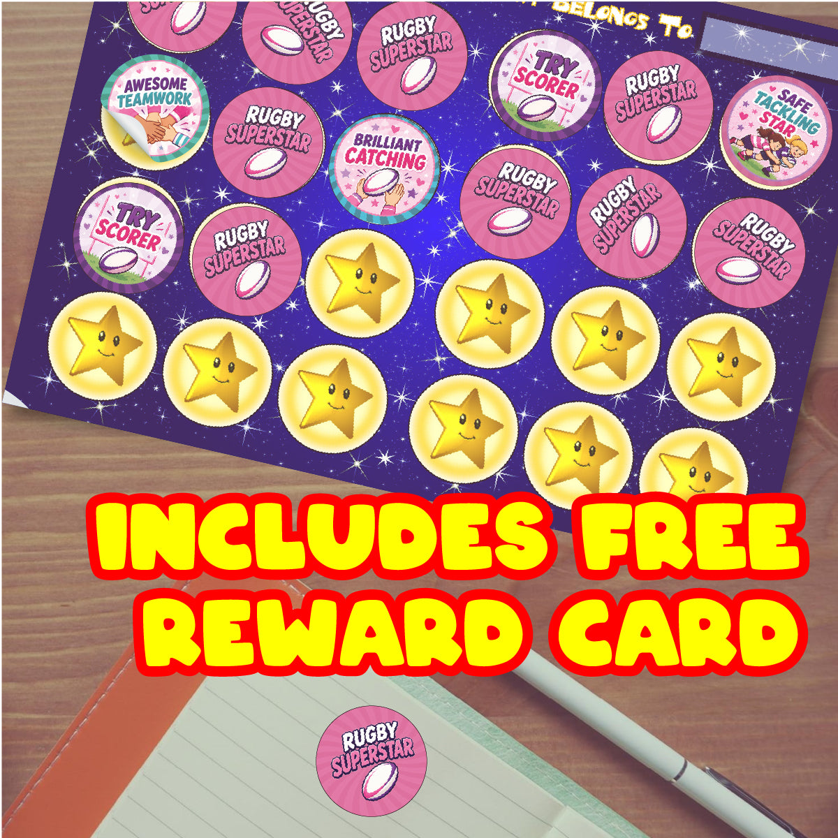 144 Girls Rugby Praise Words - 30mm - Glossy Reward Stickers for Teachers, Coaches & Parents