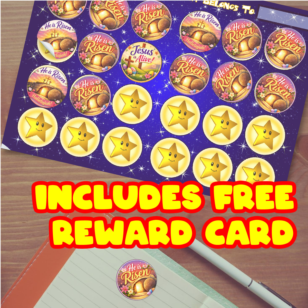 Easter-themed reward stickers with stars and 'He is Risen' designs on a reward card.