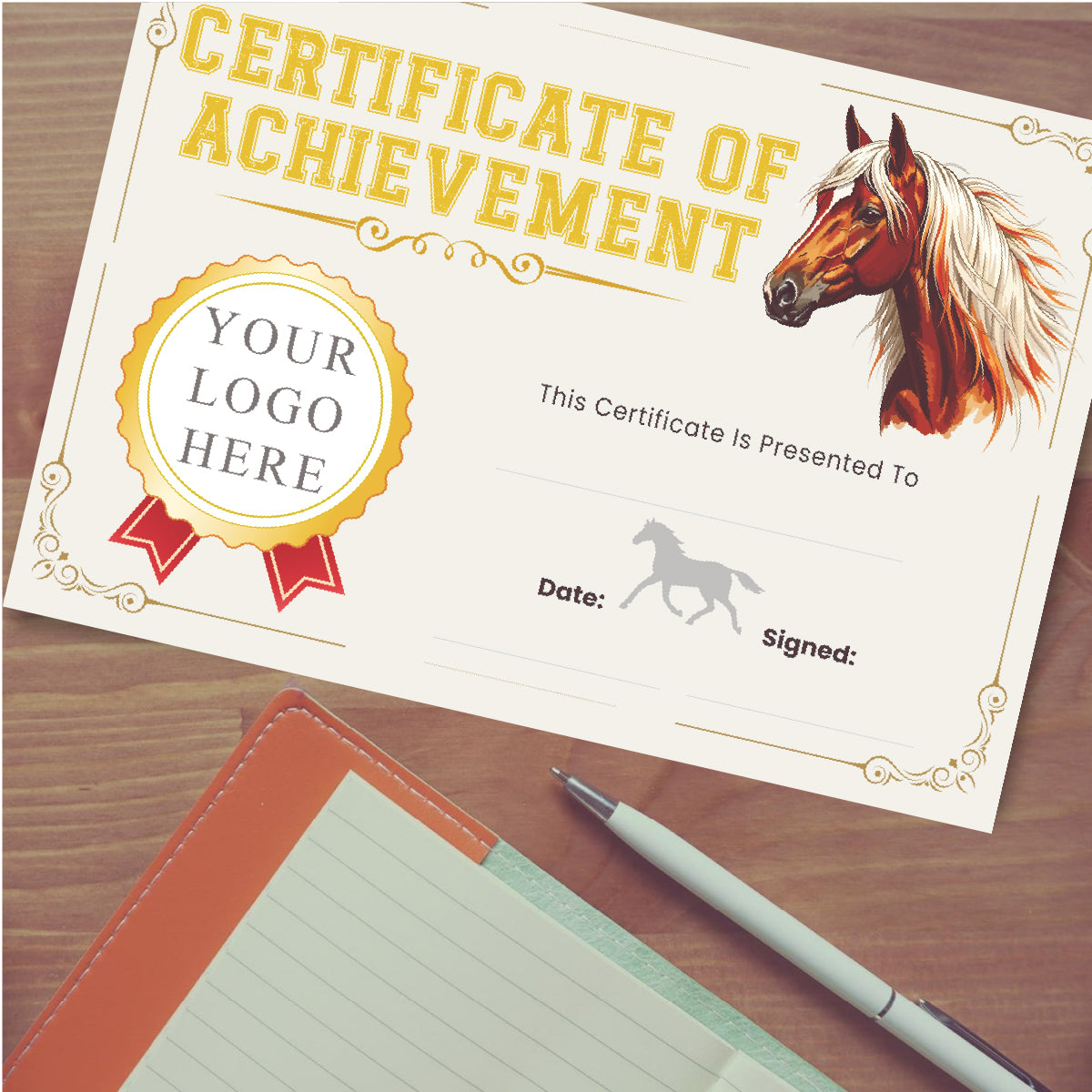 Horse-themed certificate of achievement with gold seal, notebook, and pen on desk