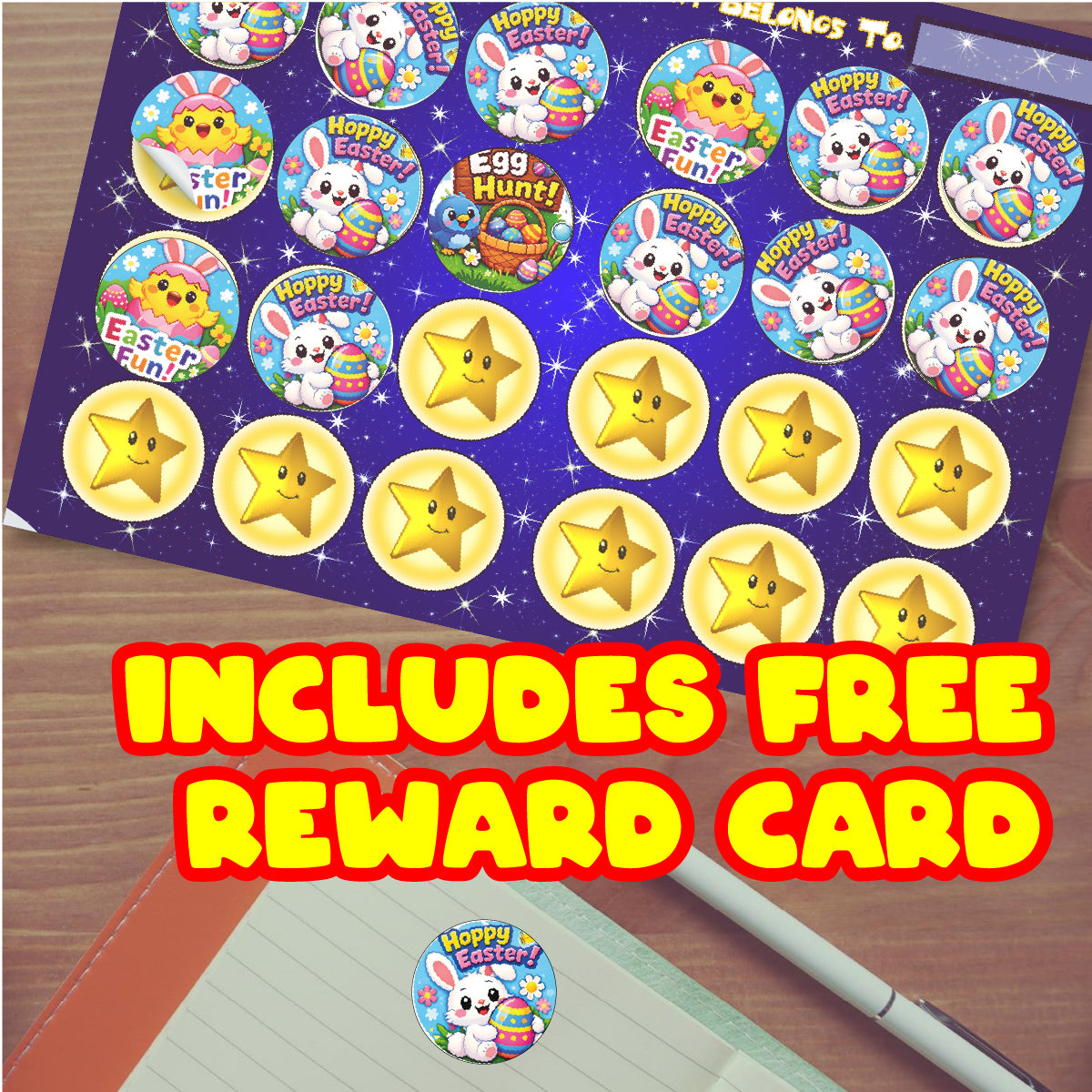 Easter-themed reward card with bunny, chick, star stickers and 'Includes Free Reward Card' text.