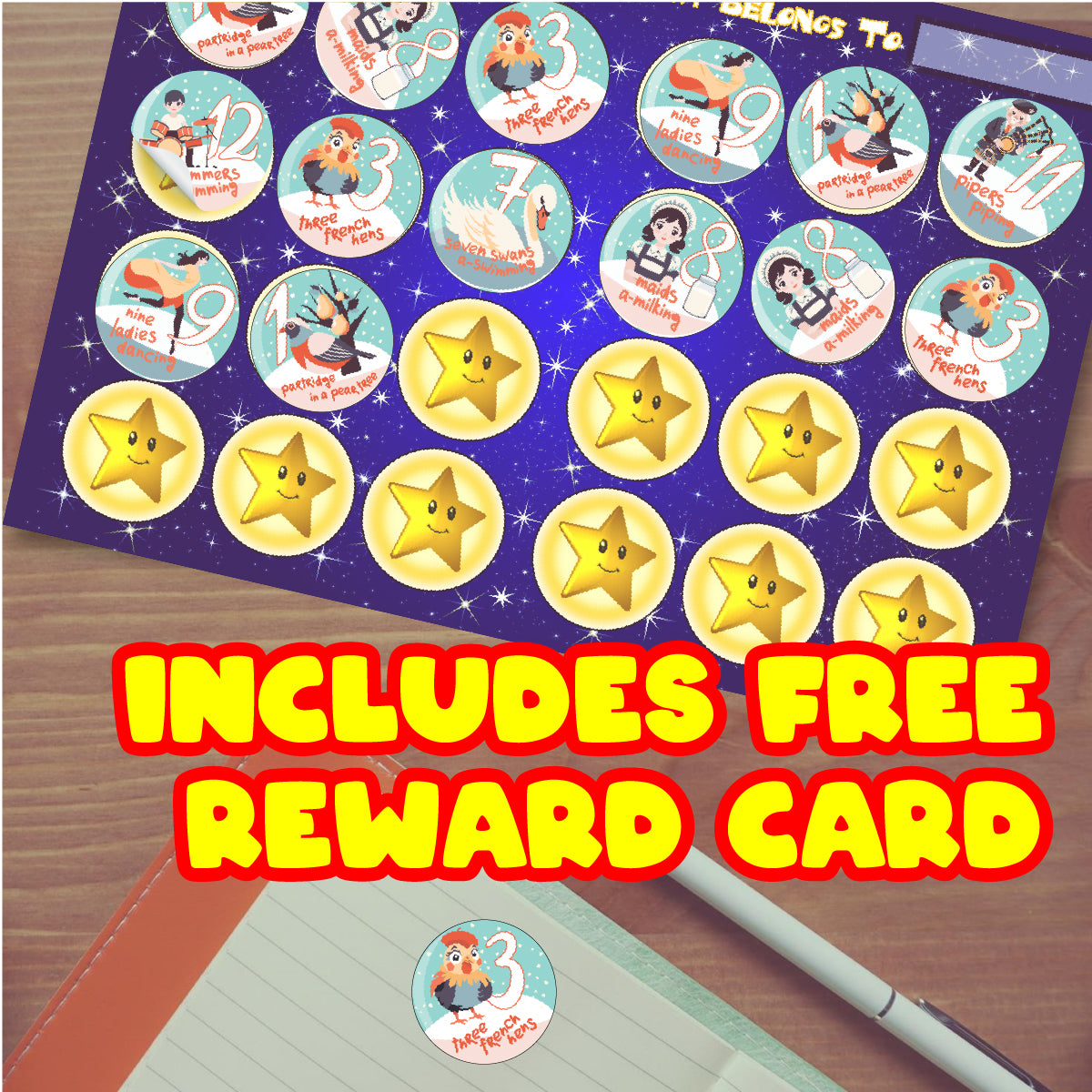 144 Traditional 12 Days of Christmas 30mm Reward Stickers for Schools, Santa's Grotto, Christmas Fairs