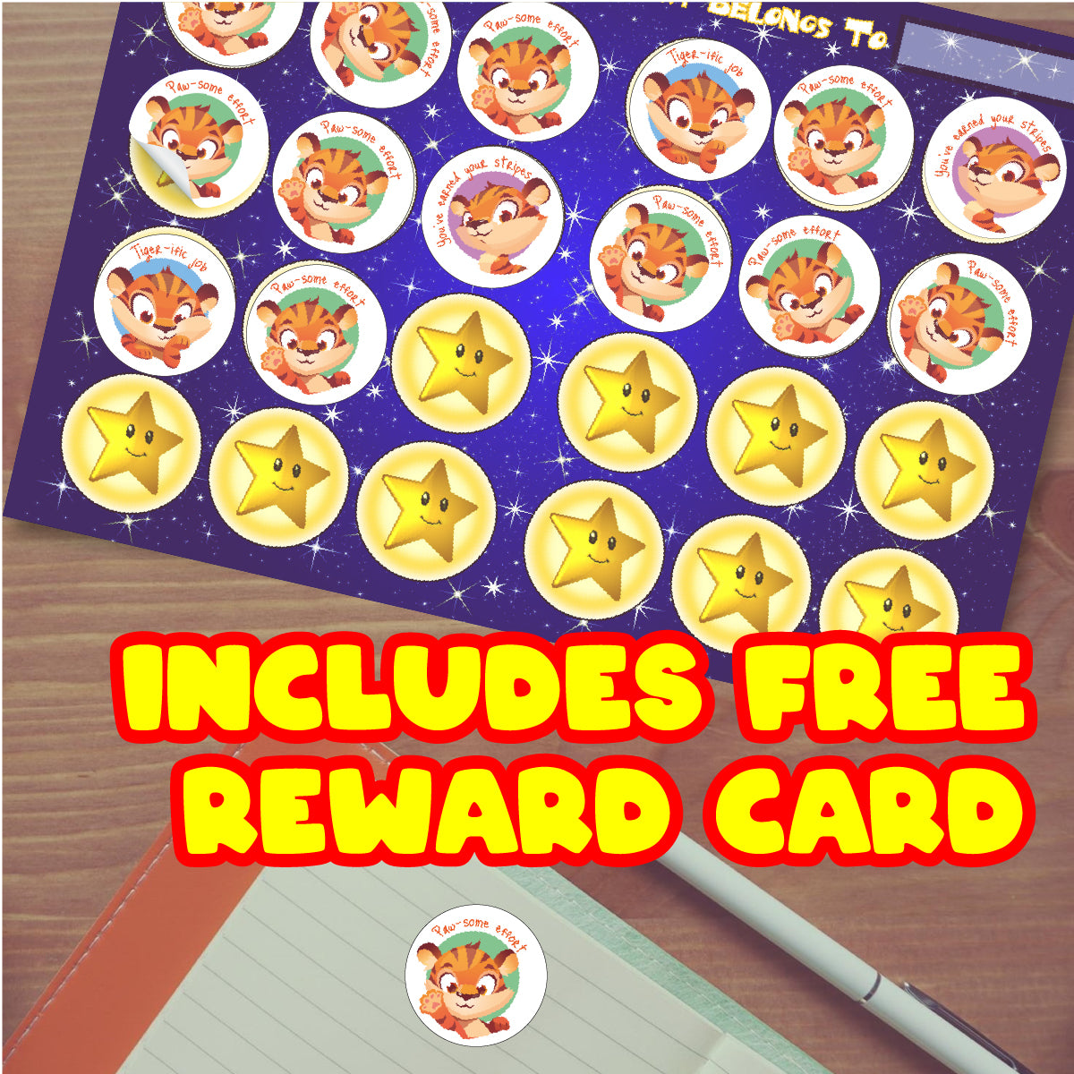 Colorful student reward card with tiger and star stickers, free incentive card included.
