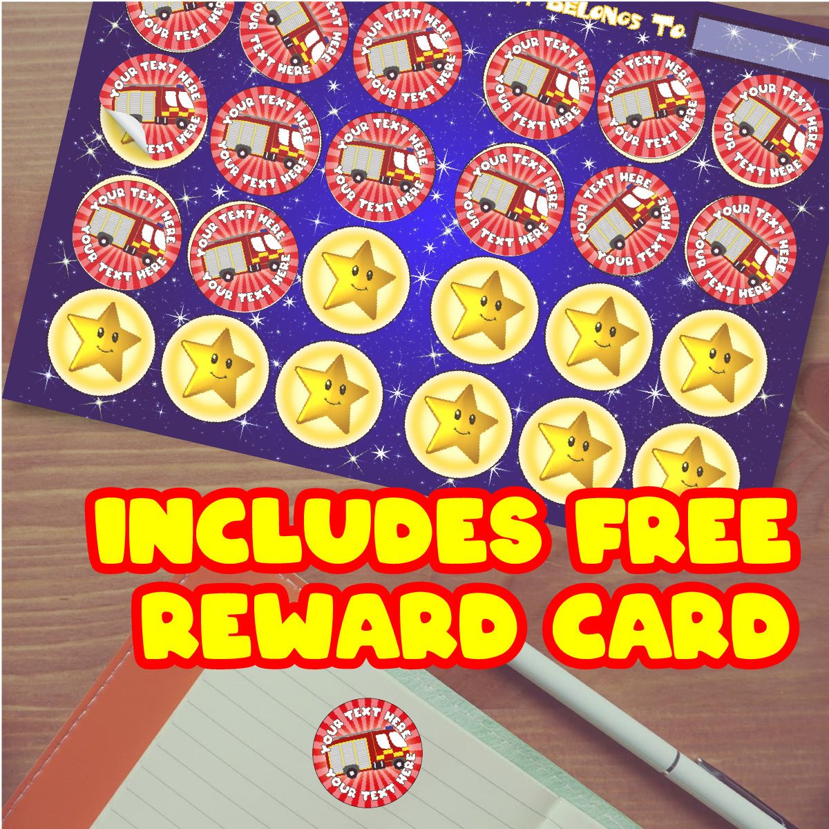 144 Personalised Fire Engine 30mm Reward Stickers for Children, Parents and Schools