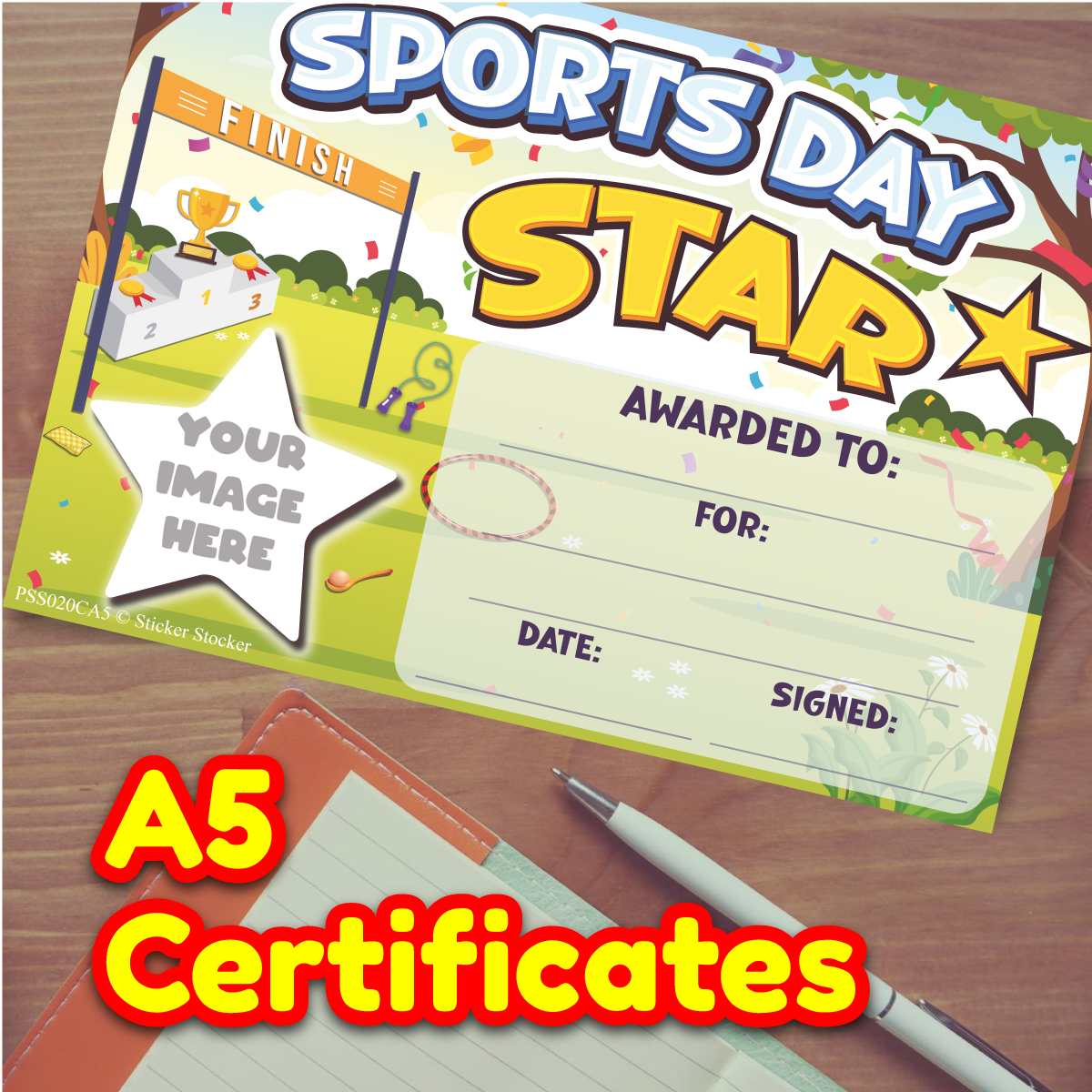 Personalised Sports Day Star certificates for school teachers, 250gsm A5 silk finish Photo Paper