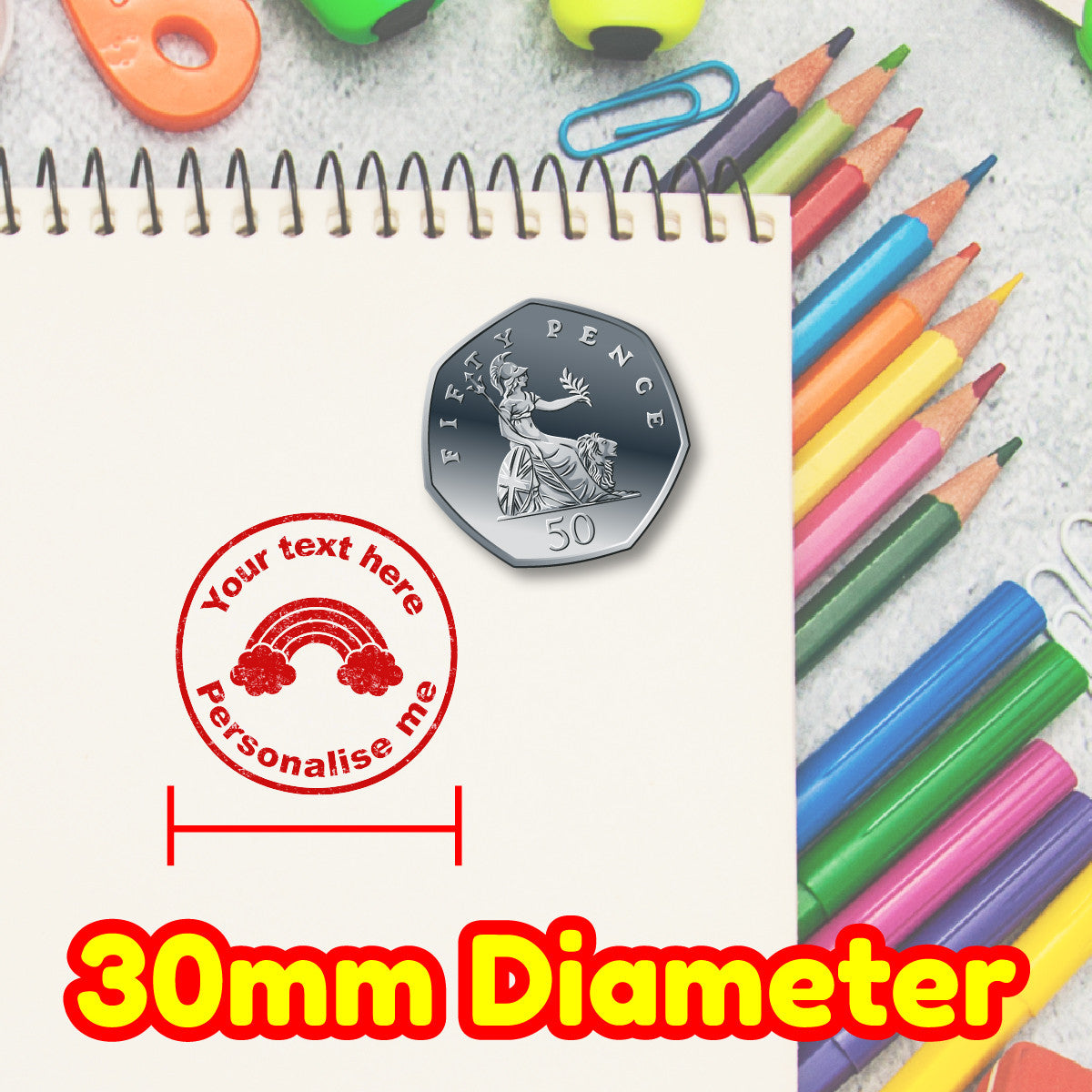 Sticker Stocker - Personalised Stamp Rainbow 30mm Self inking stamper for School Teachers, Parents and Nursery
