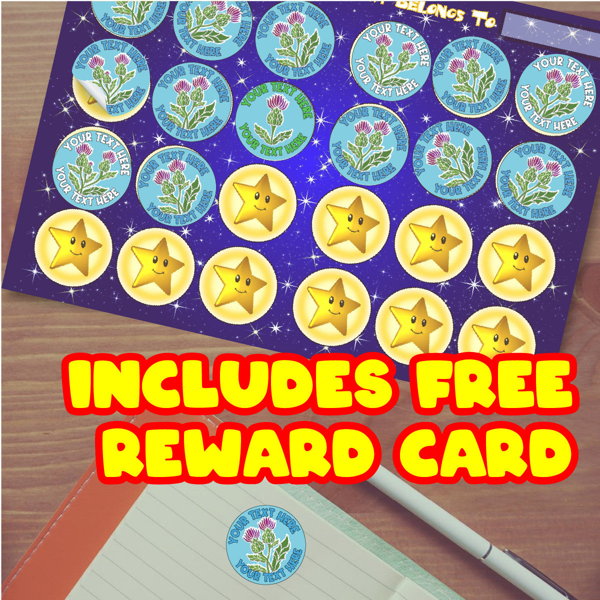 144 Personalised Scottish Thistle 30mm Reward Stickers for School Teachers, Parents