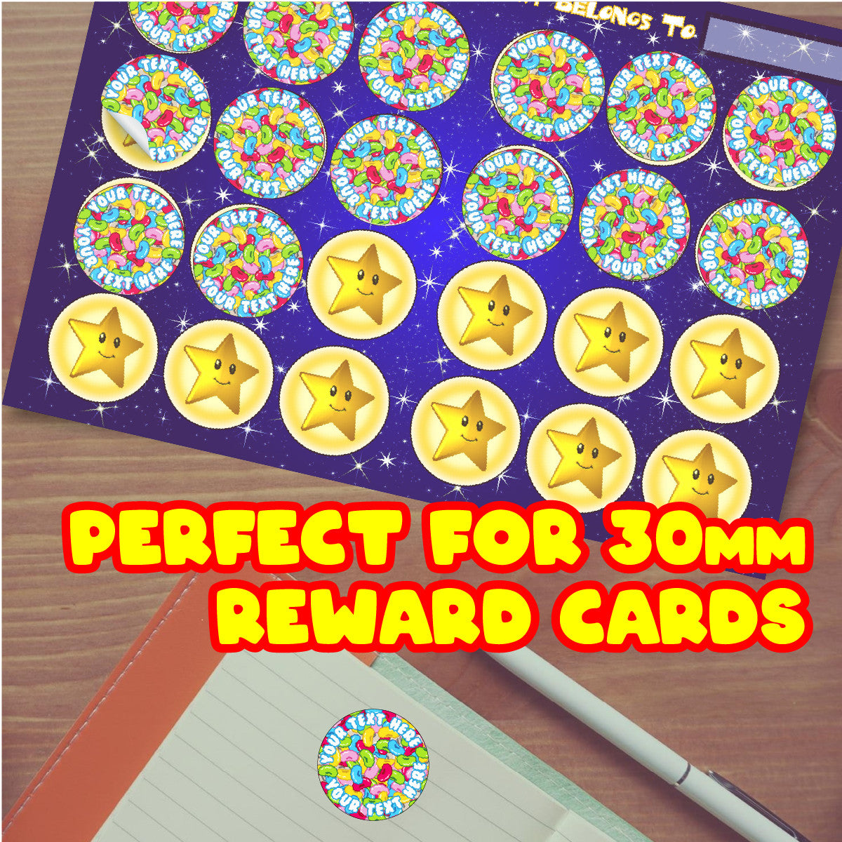 120 Colourful Jellybeans Scented Personalised Stickers - 30 mm - School Teachers Parents