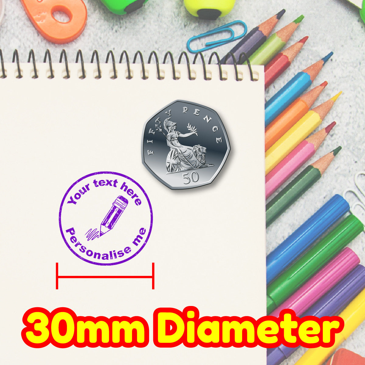 Sticker Stocker - Personalised Stamp Writing Pencil 30mm Self inking stamper for School Teachers, Parents and Nursery