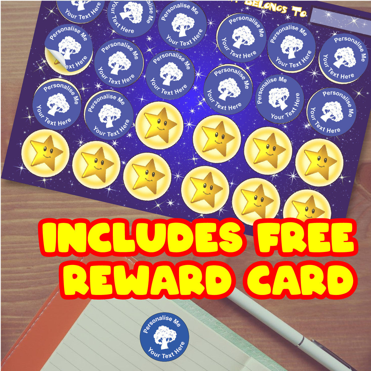 Sticker Stocker -144 Blue Tree Personalised 30mm Reward Stickers for School Teachers, company,  packaging