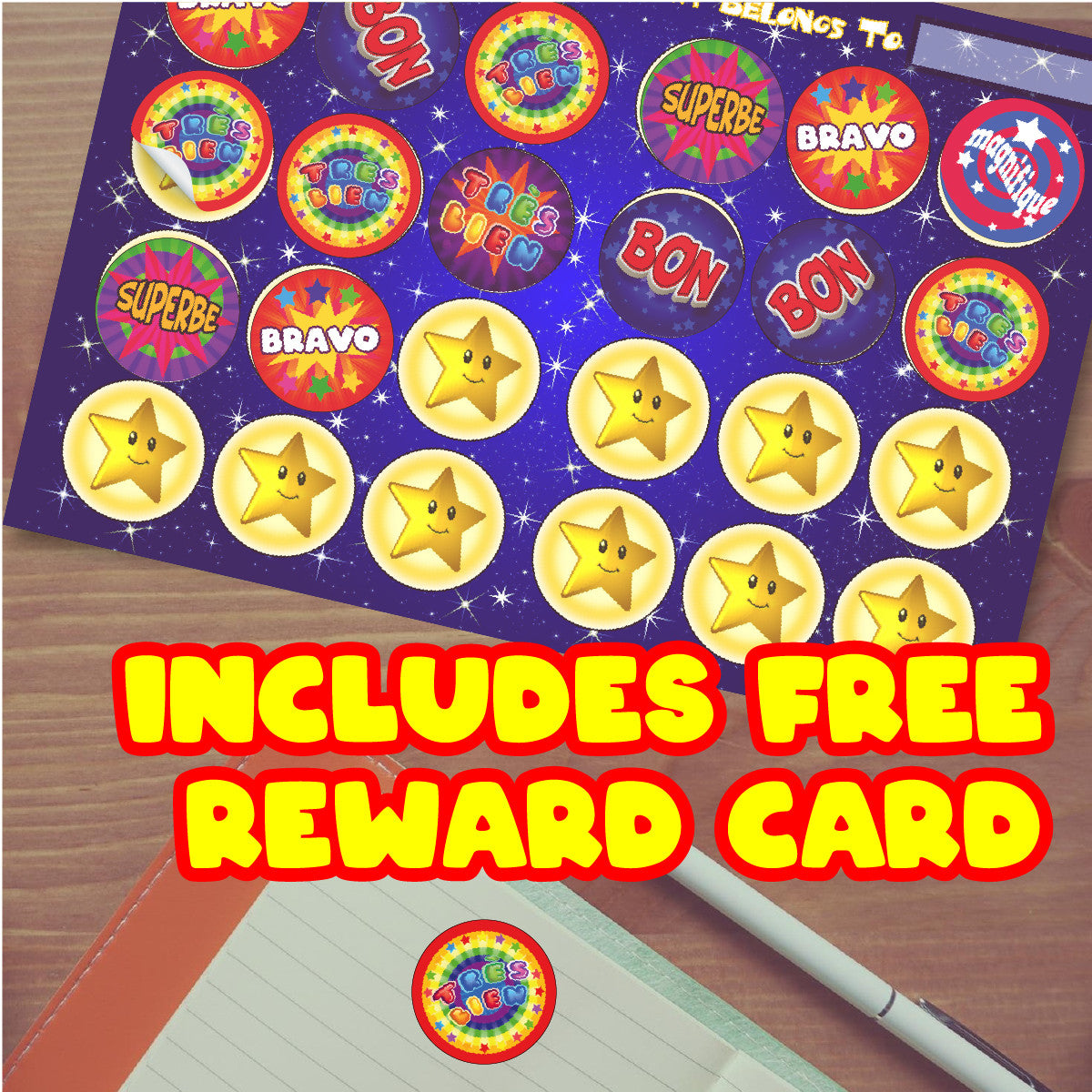 Sticker Stocker - 144 Funky French Praise Word Stickers - 30mm Glossy Reward Stickers for Teachers & Parents