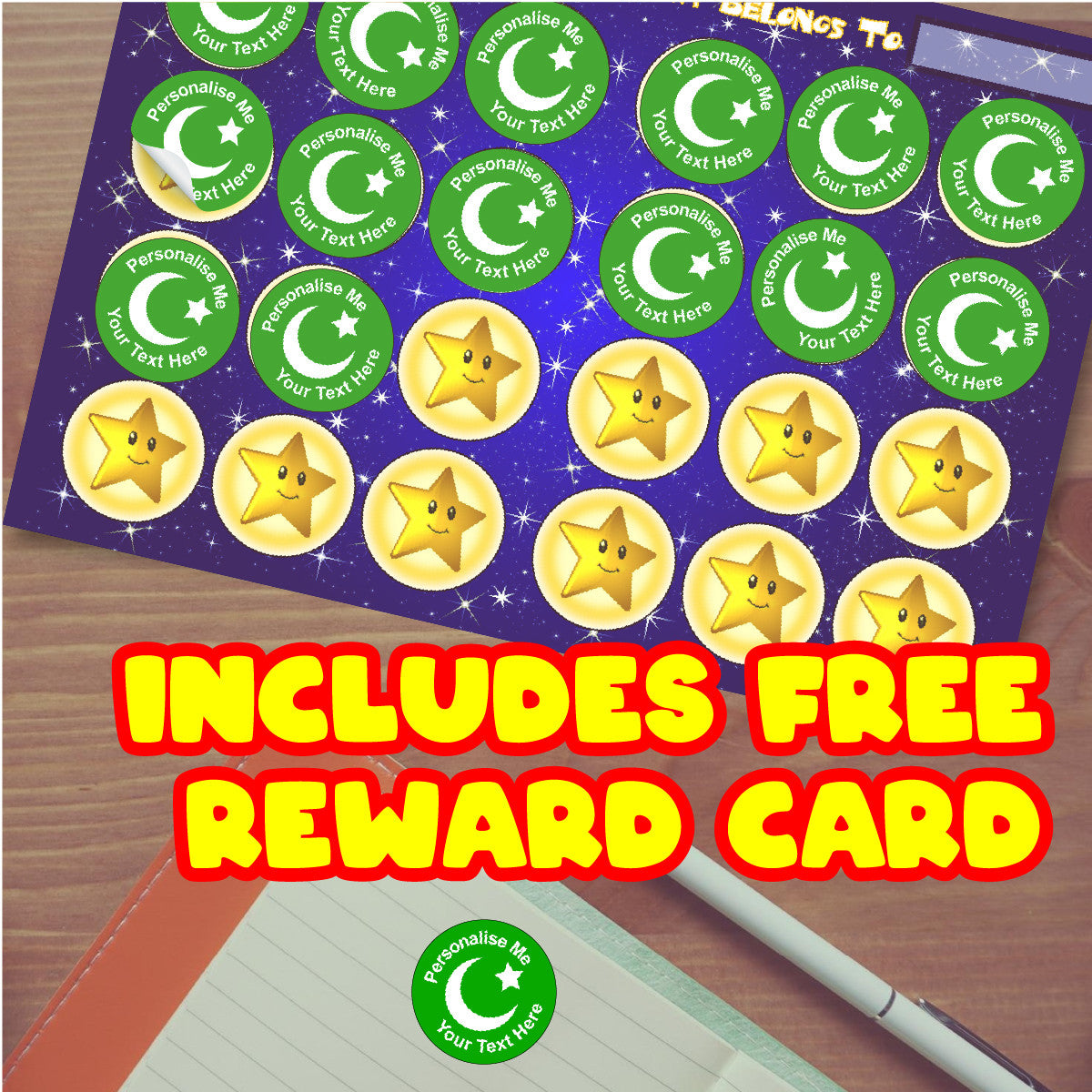Sticker Stocker - 144 Personalised Crescent Star Islam 30mm Reward Stickers for School Teachers, Parents and Nursery