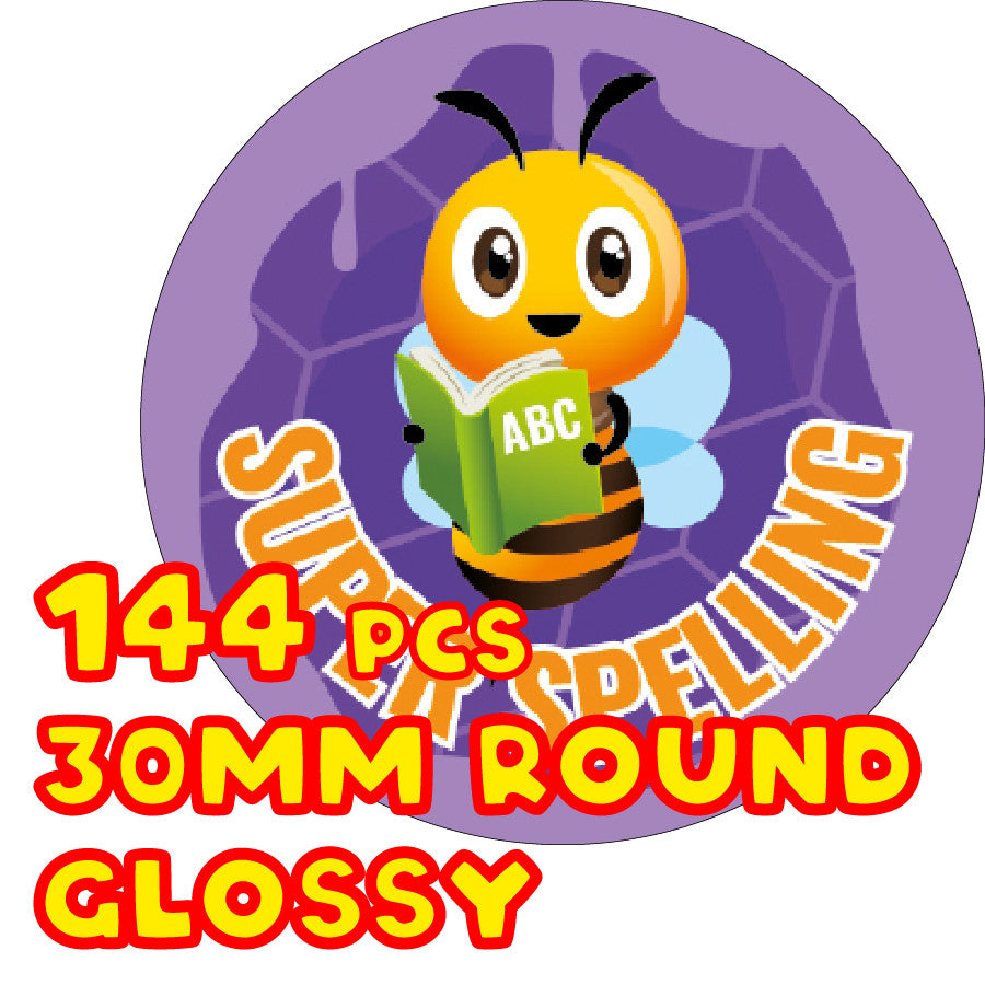 144 Super Spelling Bee - 30mm - Glossy Reward Stickers for Teachers & Parents