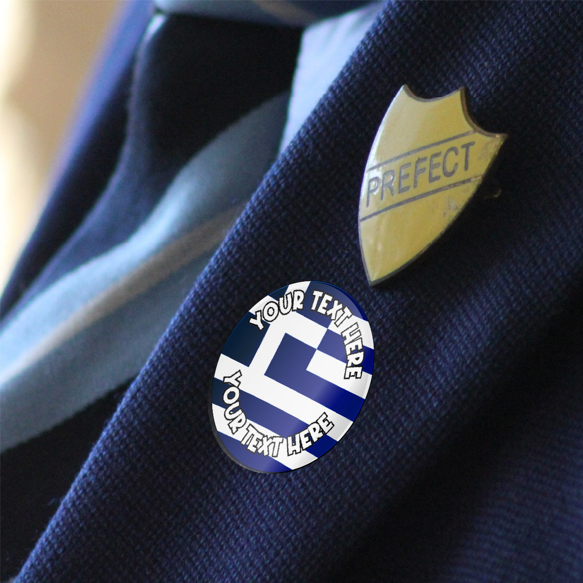 Custom school reward sticker with blue stripes and prefect badge on navy blazer