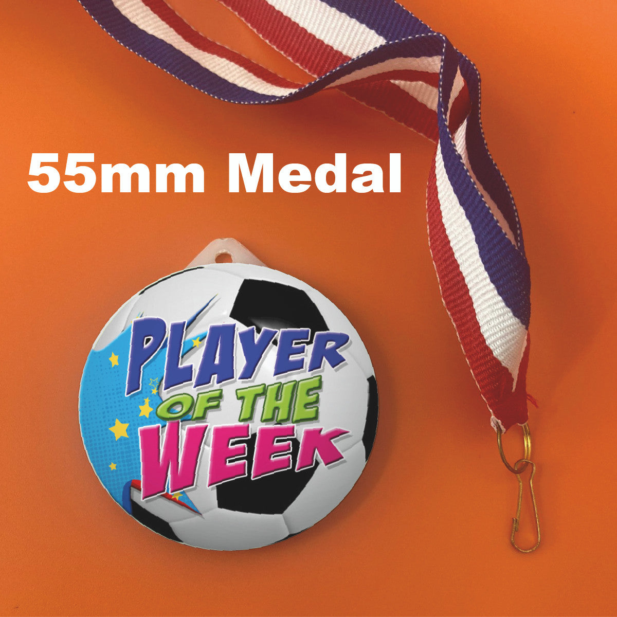 Sticker Stocker - Football Medal Player of the Week 55mm Large Plastic Medal FREE Ribbon and Certificate