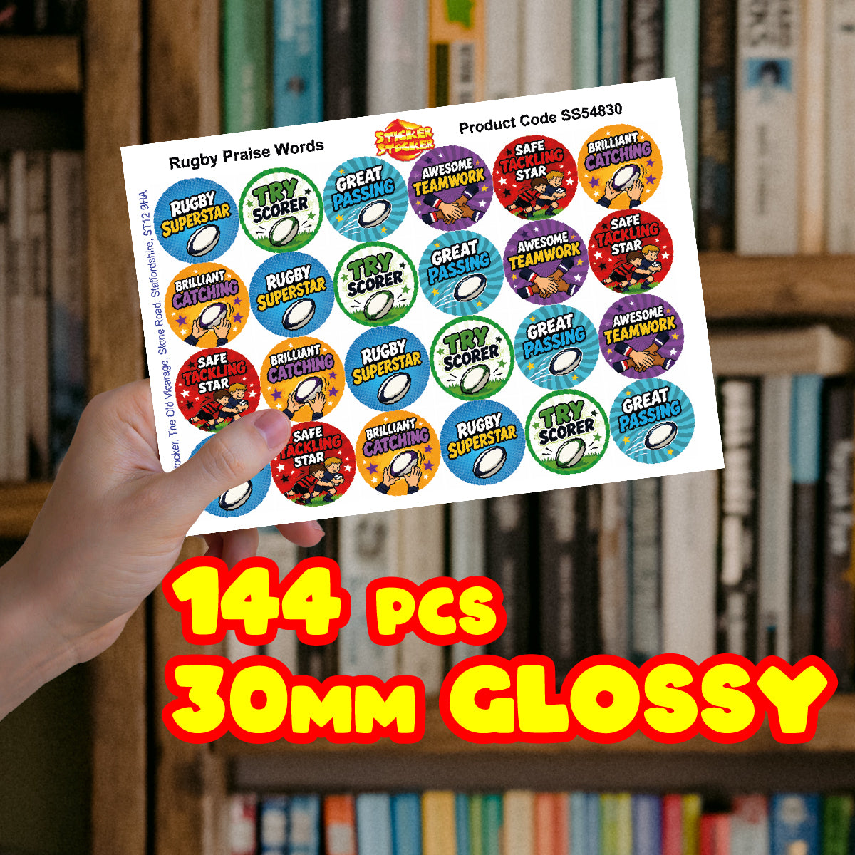 144 Rugby Praise Words - 30mm - Glossy Reward Stickers for Teachers, Coaches & Parents