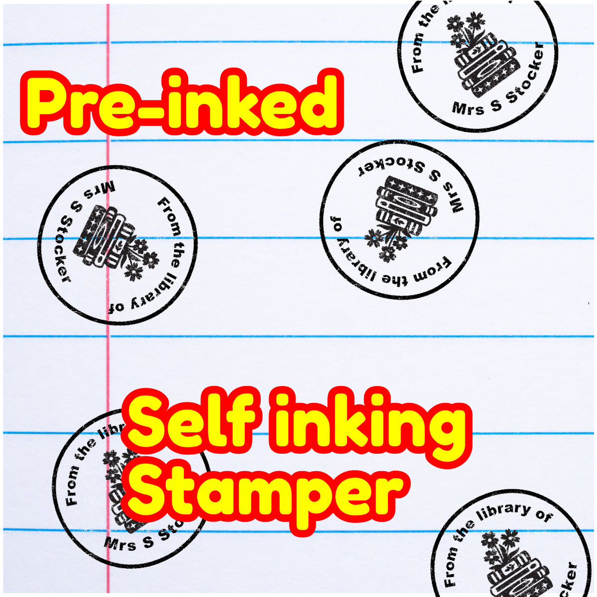 Personalised Stamp Library Book Stack 30 mm Self inking stamper for School Teachers, Parents and Nursery