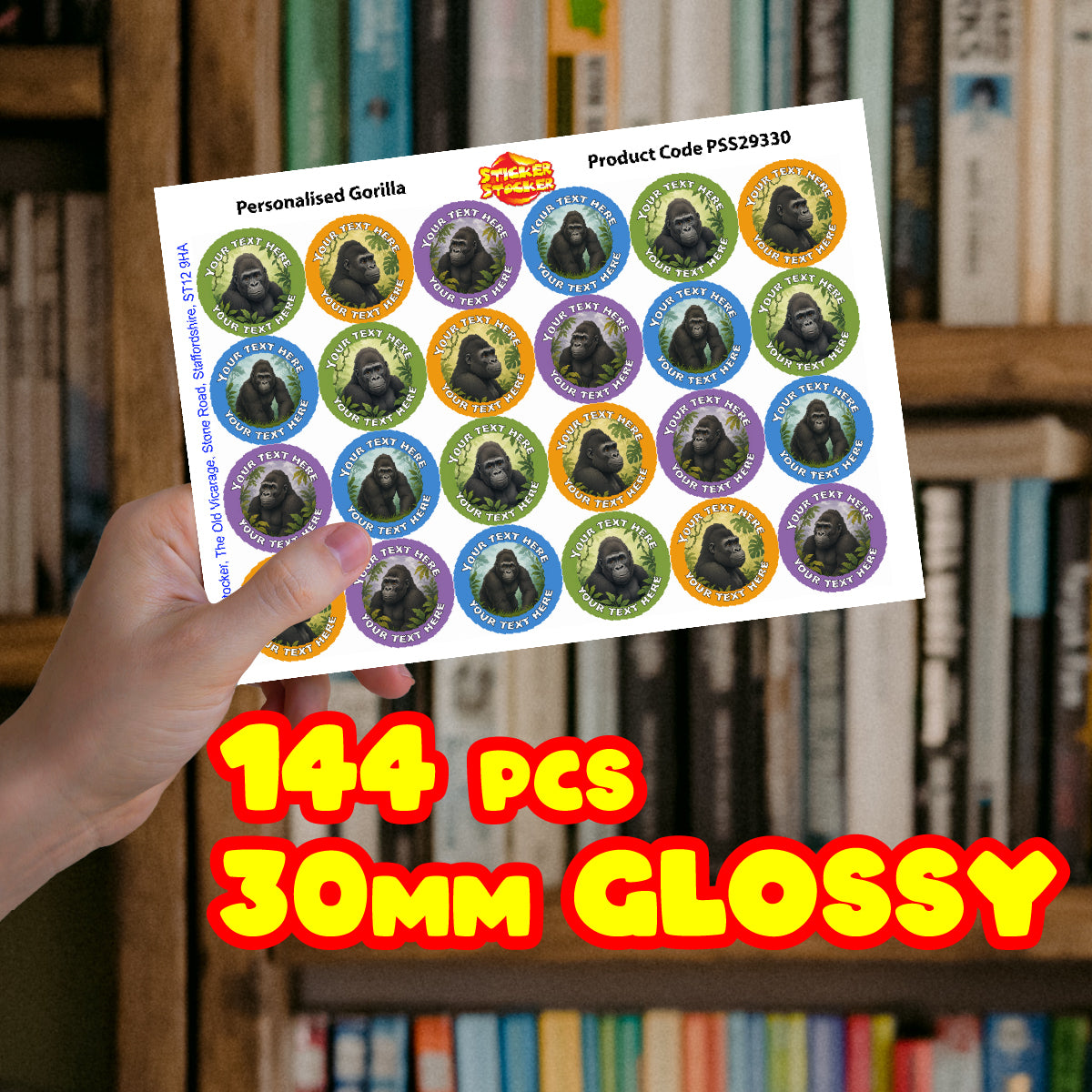 144 Personalised Gorilla 30mm Zoo Reward Stickers For Children, Parents and Teachers