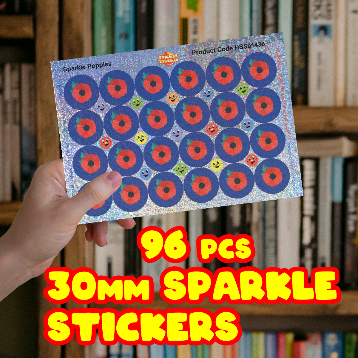 96 Sparkle Poppies Stickers 30mm + 60 Free Sparkle Smiles Remembrance Stickers for Teachers, Parents and Schools