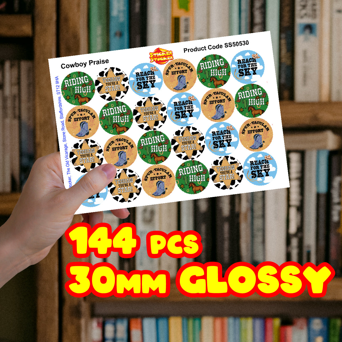144 Cowboy Praise 30mm Reward Stickers for Schools, Teachers, Parents and Nurseries