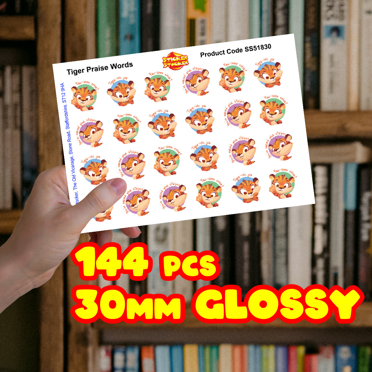 Hand holding tiger praise words reward stickers sheet, 144 pcs, 30mm glossy, for teachers
