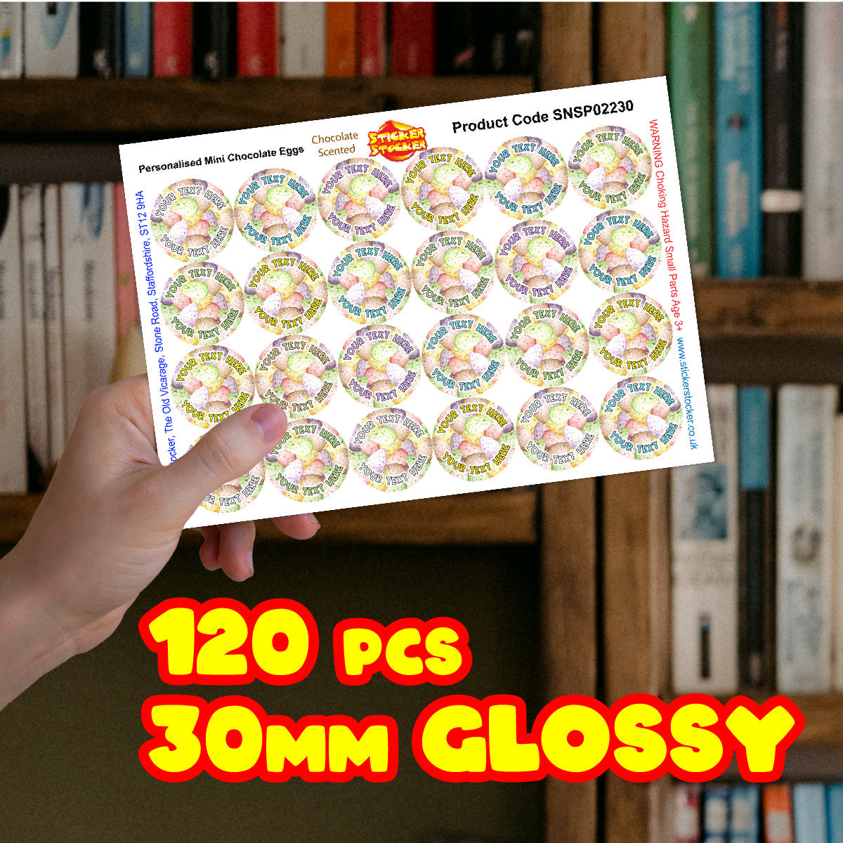 120 Mini Chocolate Egg Scented Personalised Stickers - Personalised 30 mm Scented  Stickers - For Teachers Nursery Parents