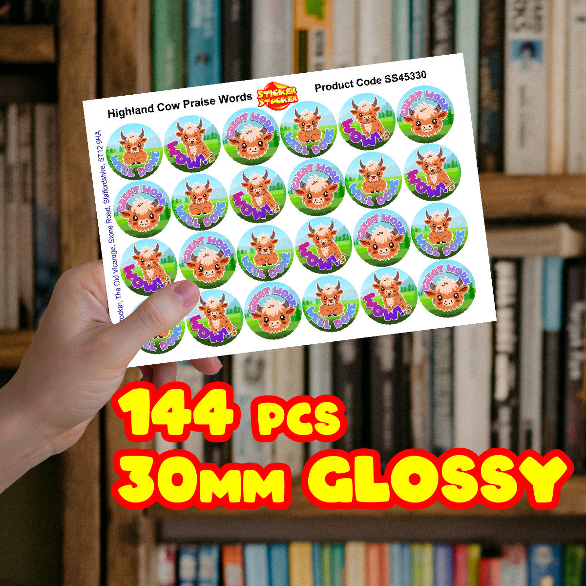 144 Highland Cow Praise Words 30 mm Reward Stickers for Children, Parents, Barbers, Hairdressers