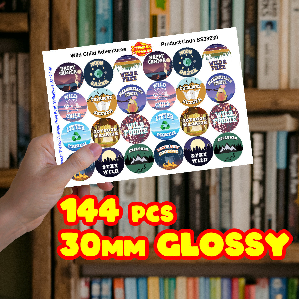 Sticker Stocker - 144 Wild Child Adventure Camping Stickers - 30mm - Glossy Reward Stickers for Scouts Forest School