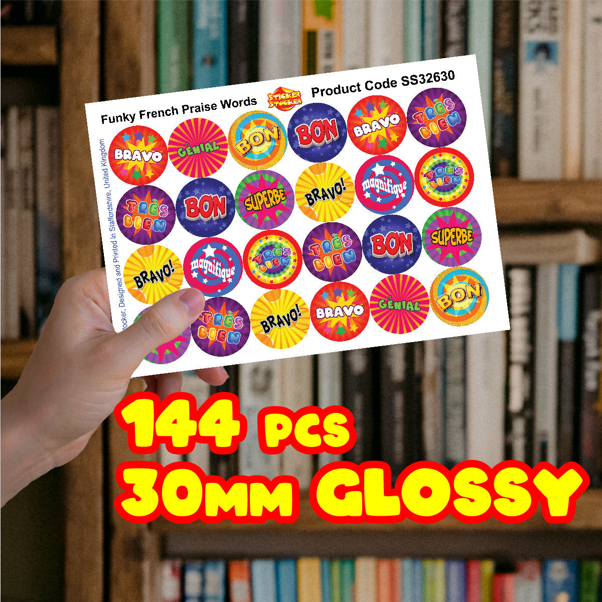 Sticker Stocker - 144 Funky French Praise Word Stickers - 30mm Glossy Reward Stickers for Teachers & Parents