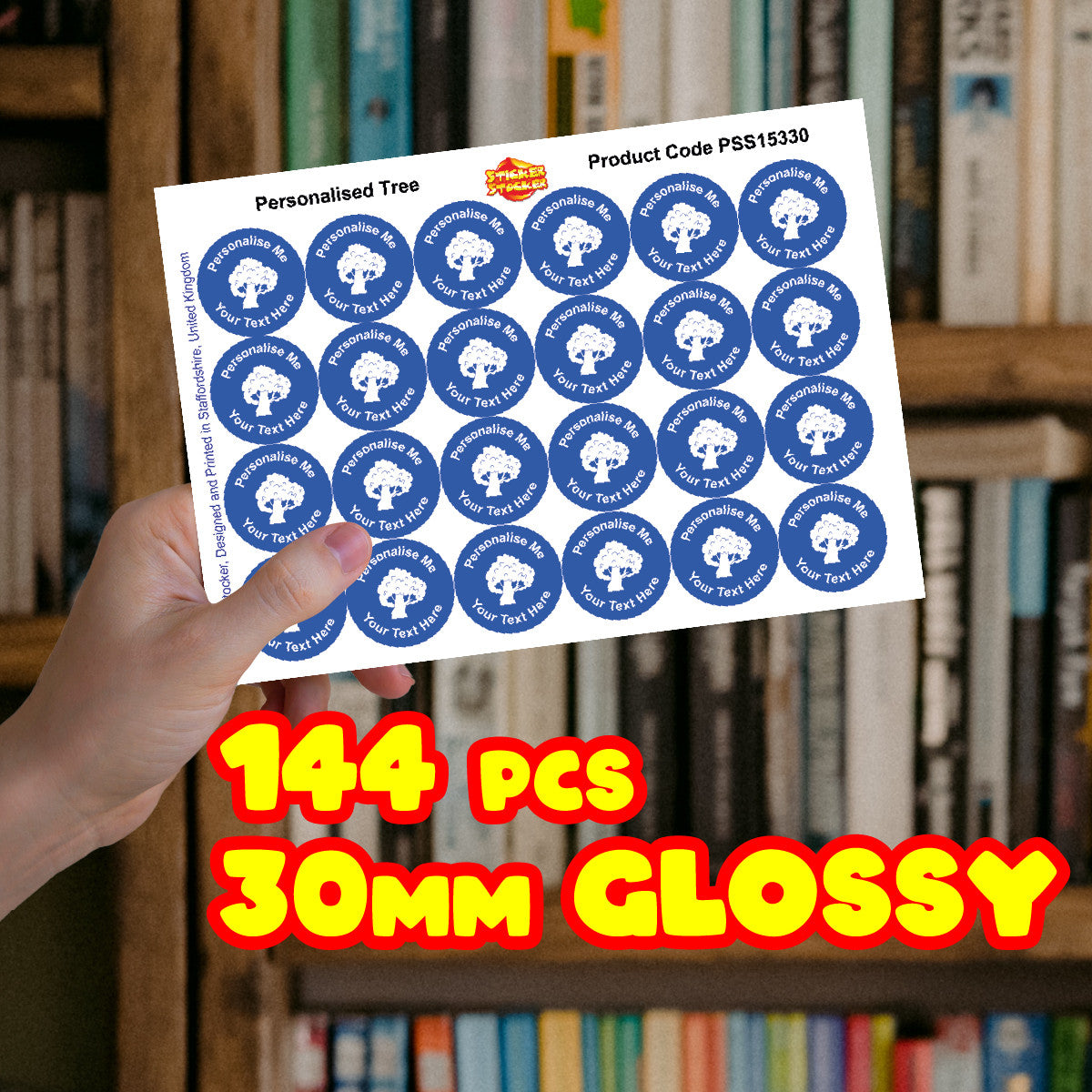 Sticker Stocker -144 Blue Tree Personalised 30mm Reward Stickers for School Teachers, company,  packaging