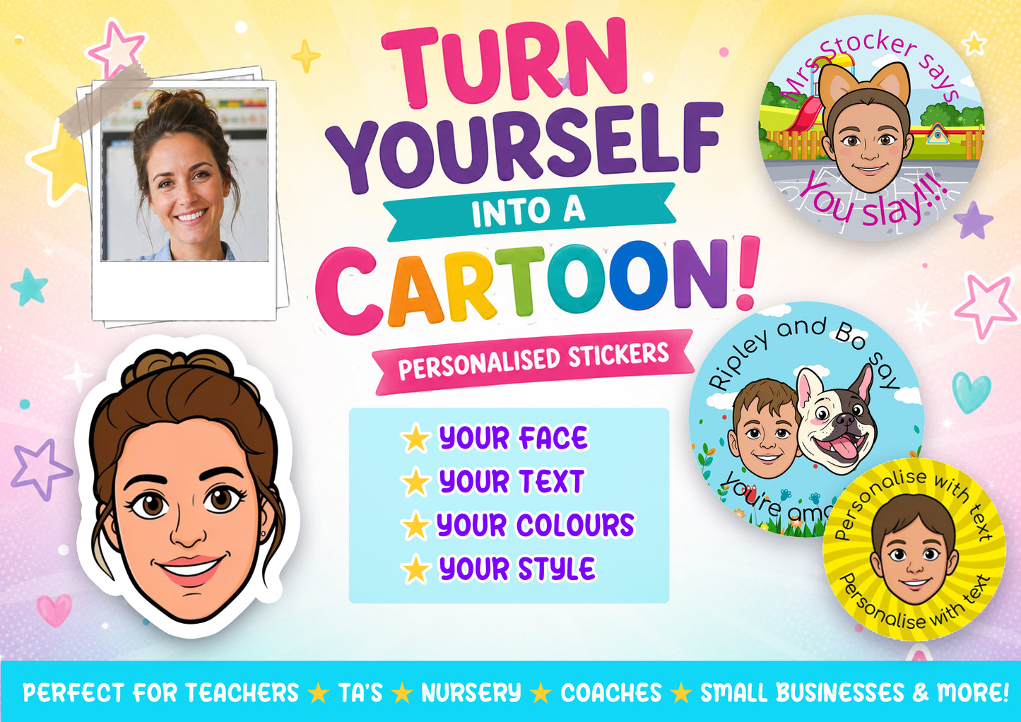 Personalised Cartoon  Stickers - Custom Cartoon Face & Name, Round Glossy Labels