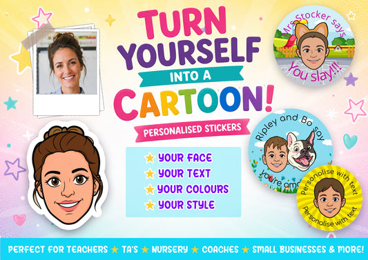 Personalised Cartoon  Stickers - Custom Cartoon Face & Name, Round Glossy Labels